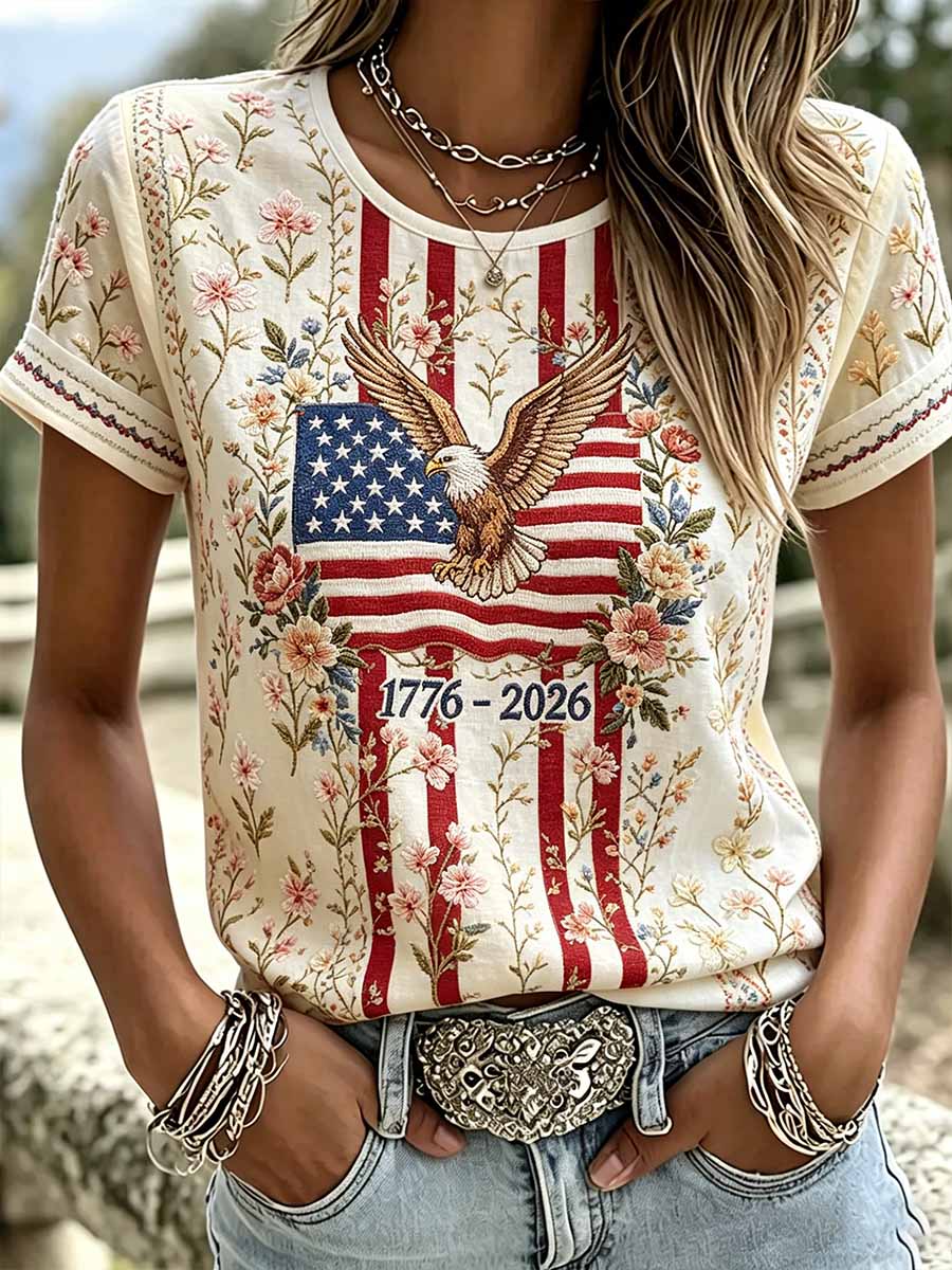 Women's Retro Floral America Commemorative Print Casual T-Shirt