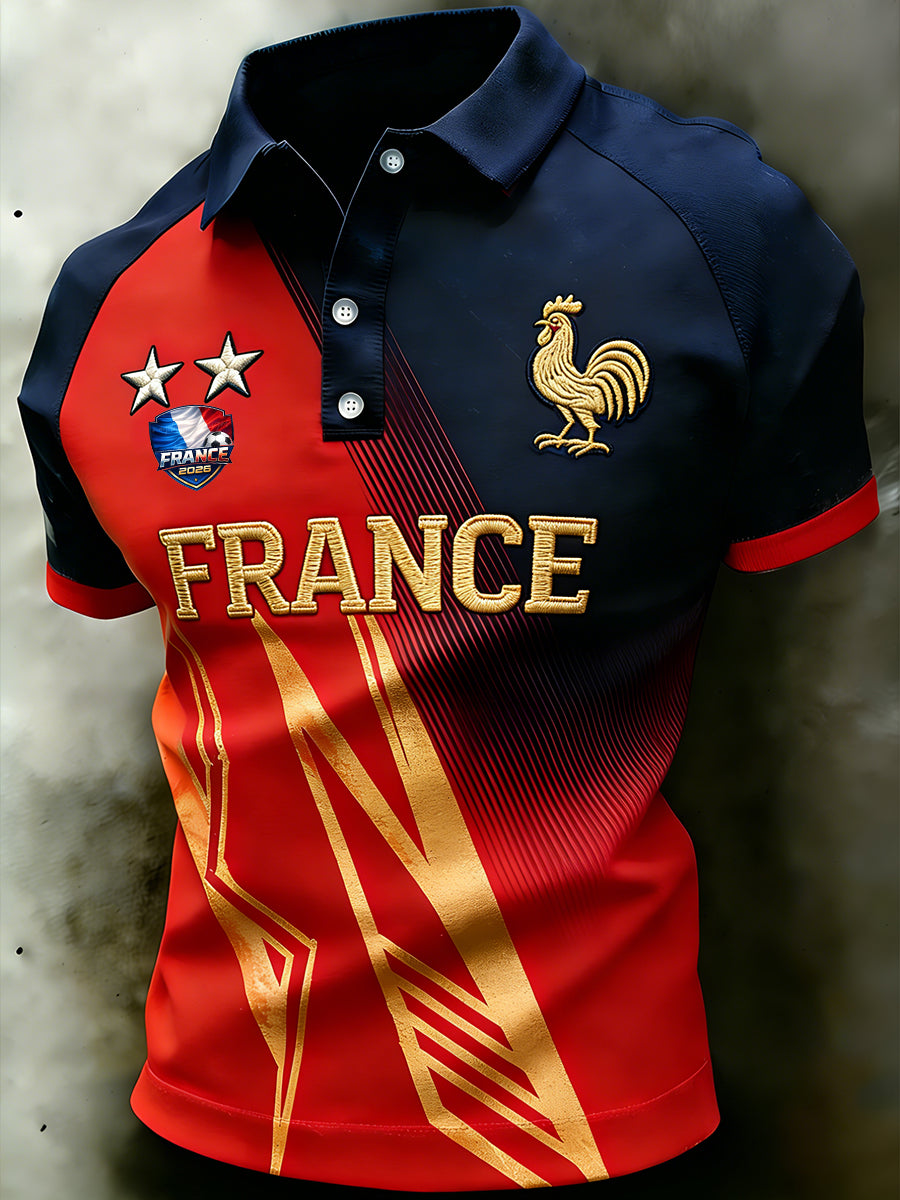 Men's Football-Themed Embroidered Print Raglan Sleeve Polo Shirt