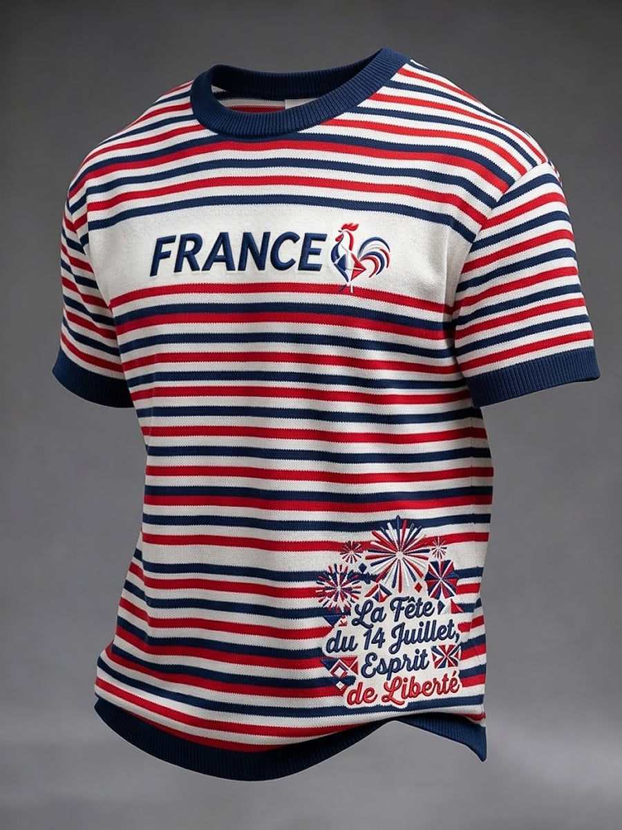 T-shirt décontracté à rayures rétro pour la Fête nationale française, modèle homme