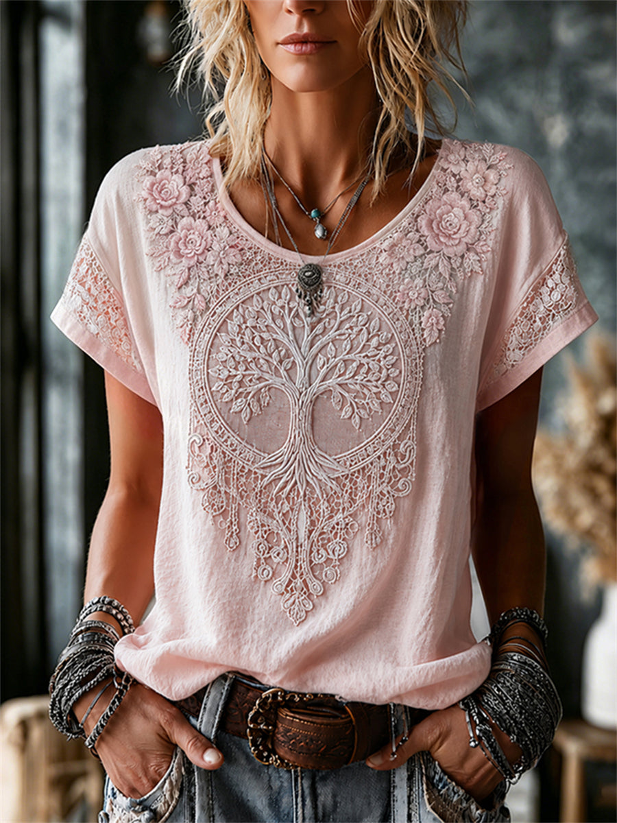 T-shirt femme viking à manches courtes en lin, imprimé floral dentelé représentant l’arbre de vie
