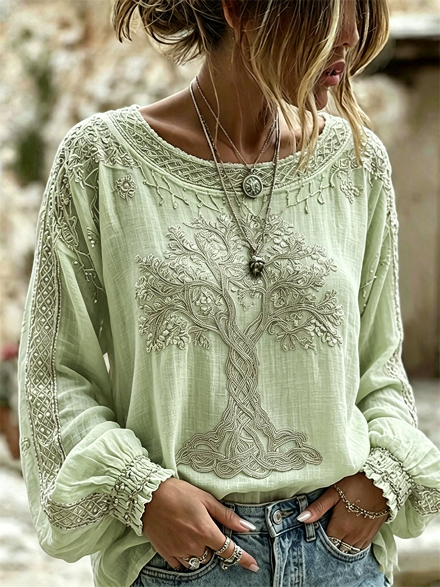 Chemise Femme Vintage Viking Arbre de Vie Imprimé Coton-Lin
