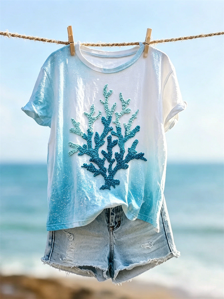 T-shirt à manches courtes Gradient Coloral Seaside Glitter Print pour femme