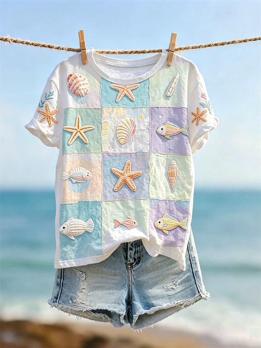 T-shirt à manches courtes pour femme avec impression artistique en blocs de couleur représentant la vie marine