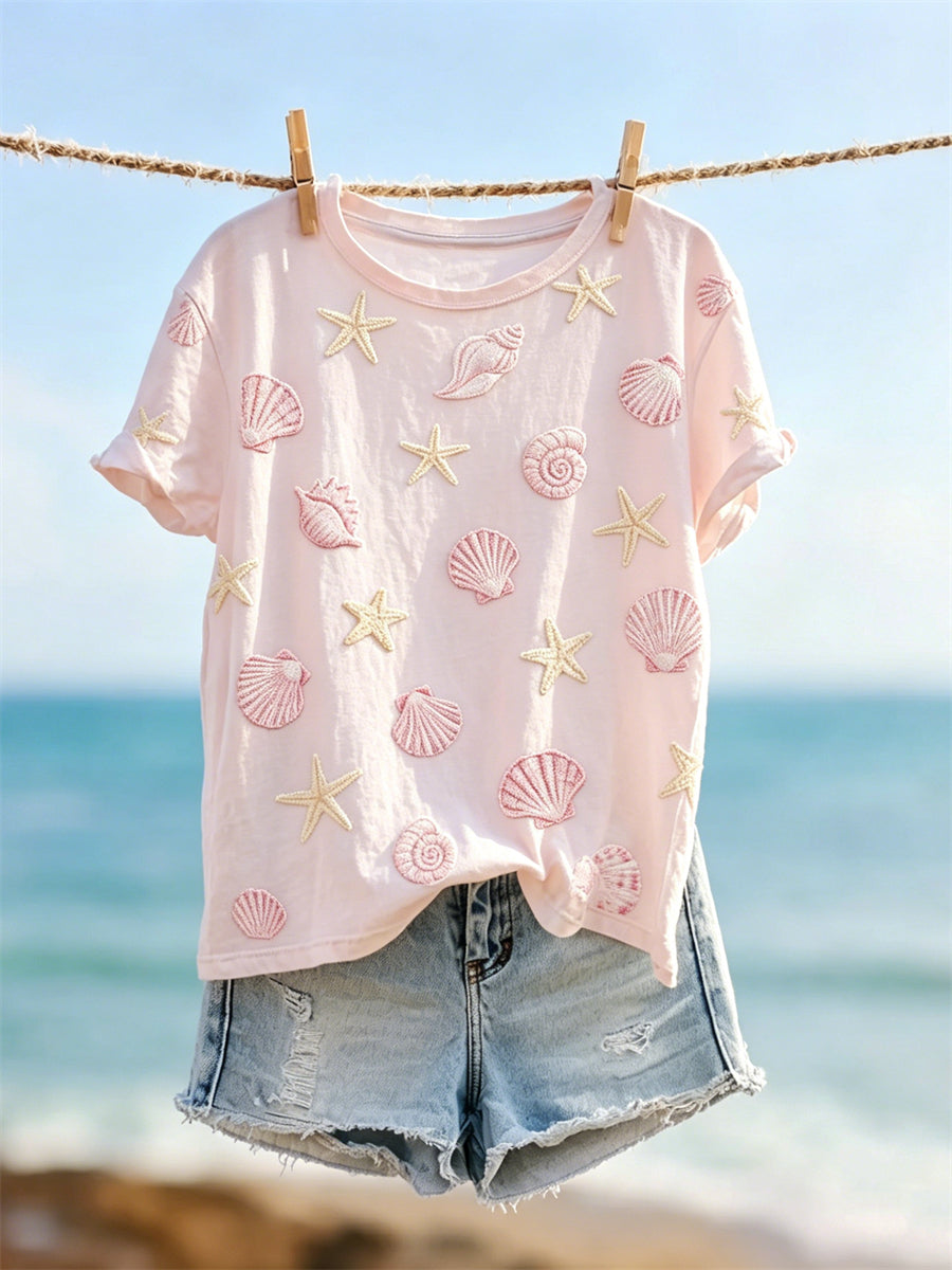 T-shirt à manches courtes pour femme, motif étoiles de mer et coquillages