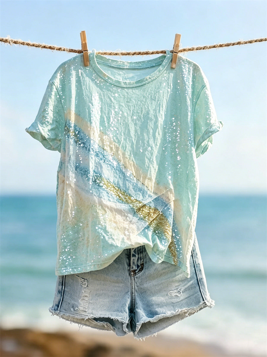 T-shirt à manches courtes pour femmes, motif artistique pailleté de bord de mer