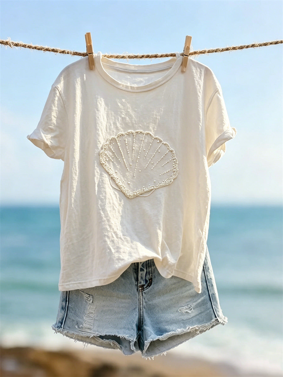 T-shirt à manches courtes pour femme, élégant, motif d’impression artistique de coquillages, orné de perles