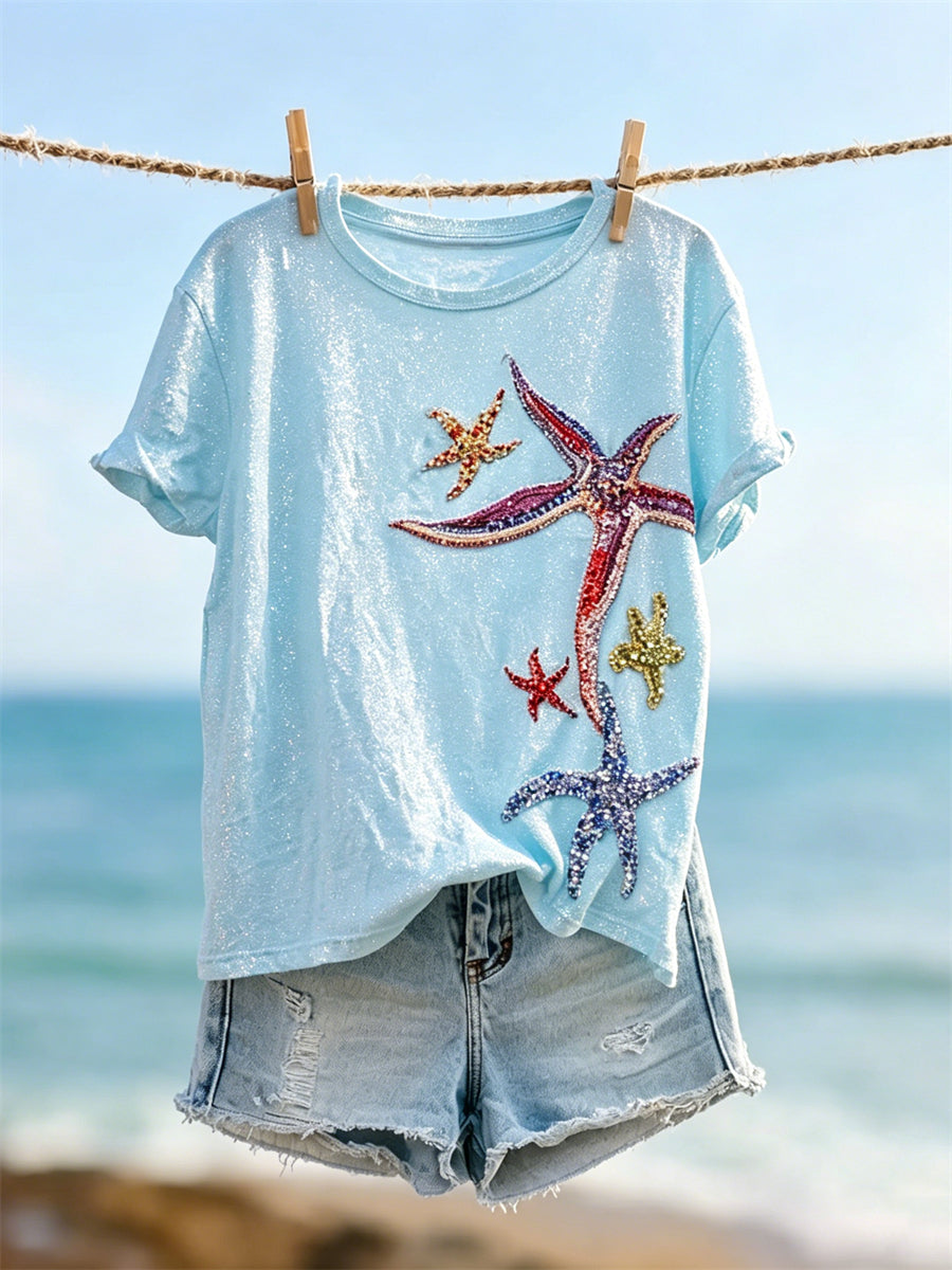 T-shirt à manches courtes pour femme, imprimé artistique pailleté représentant une étoile de mer colorée