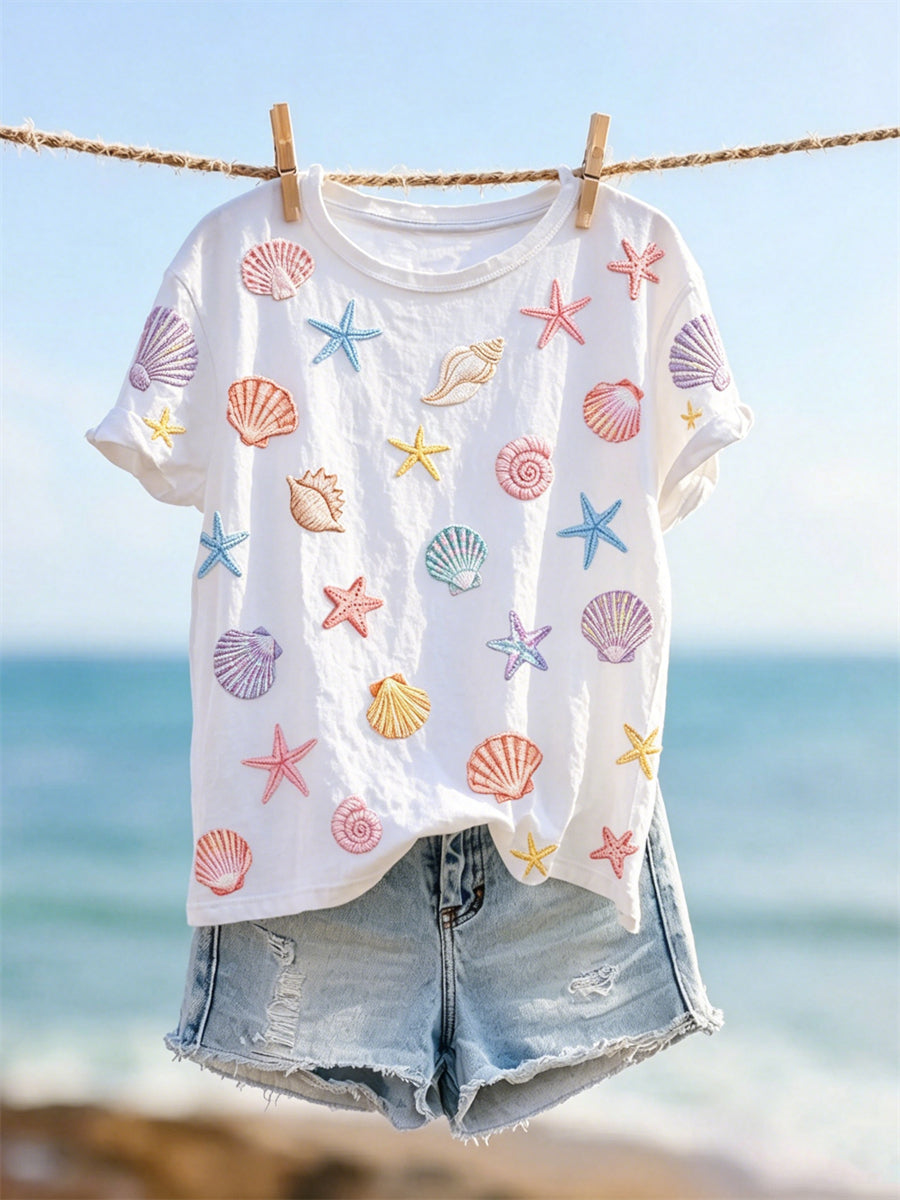 T-shirt à manches courtes pour femme, imprimé d’étoiles de mer et de coquillages colorés