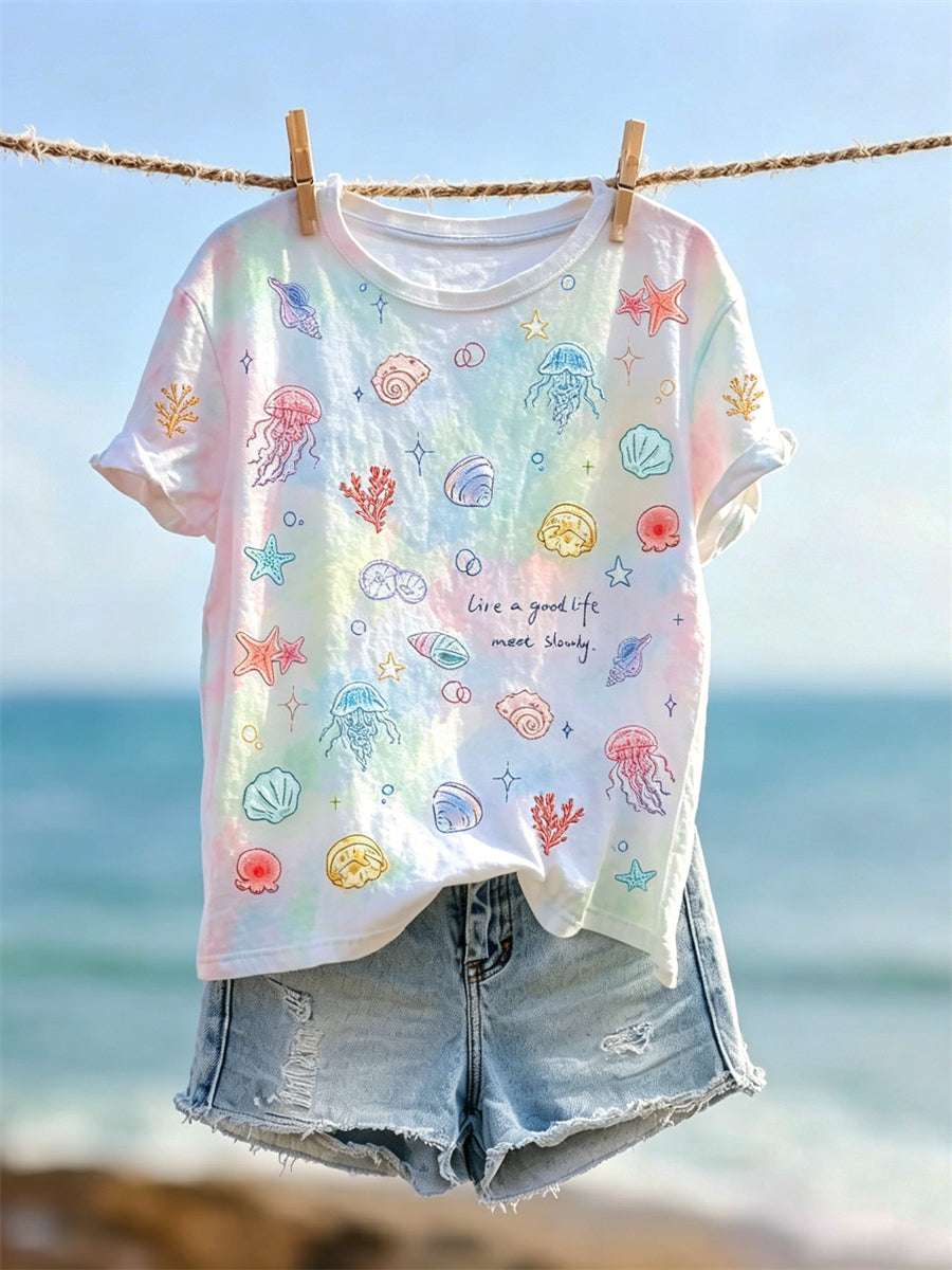 T-shirt à manches courtes pour femmes avec impression artistique colorée sous-marine «Vivez une belle vie»
