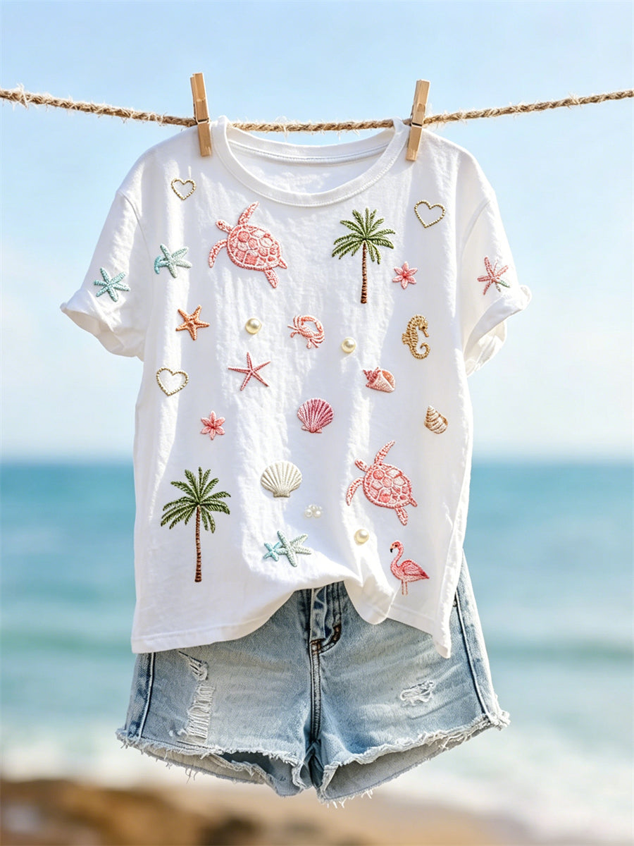 T-shirt à manches courtes pour femmes, motif imprimé aux motifs de vacances et de plage
