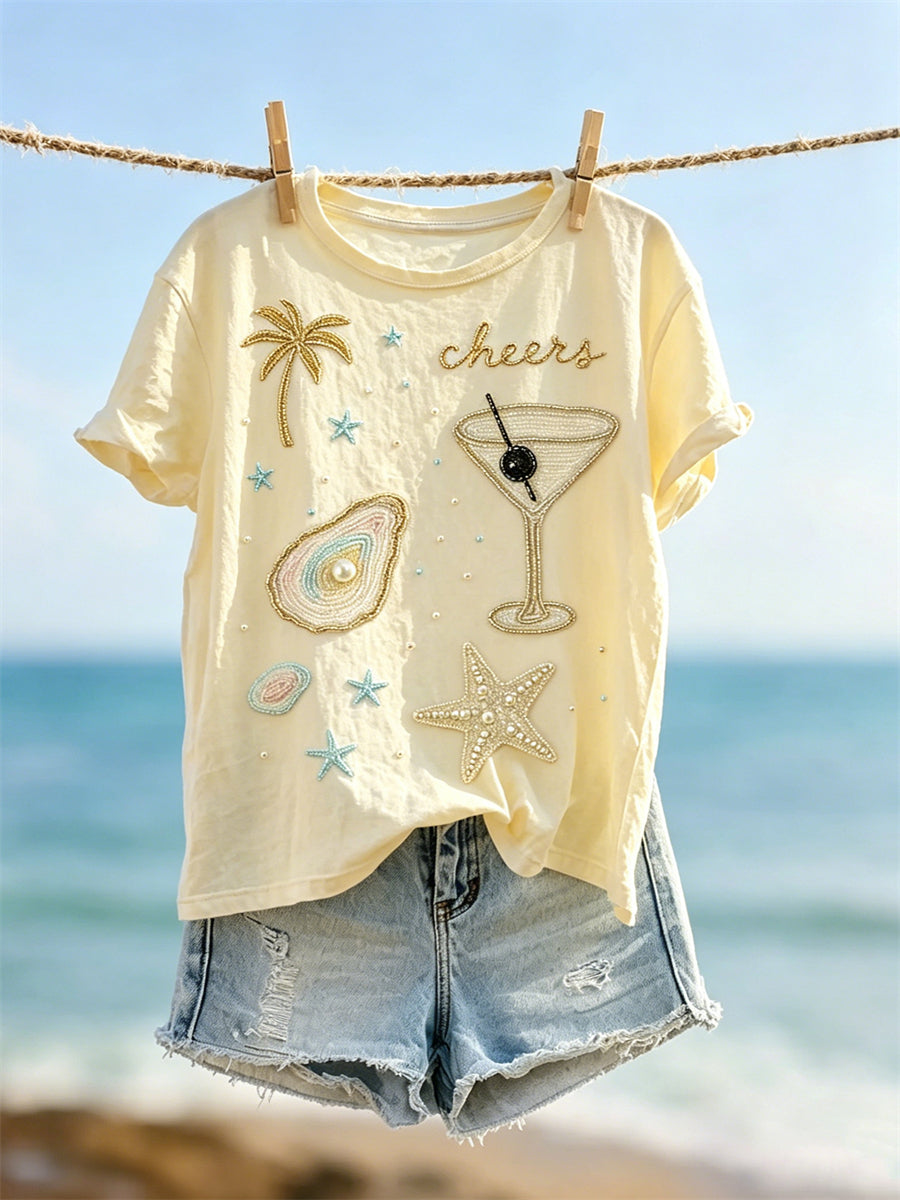 T-shirt à manches courtes pour femmes, motif inspiré des vacances à la plage, avec imprimé joyeux