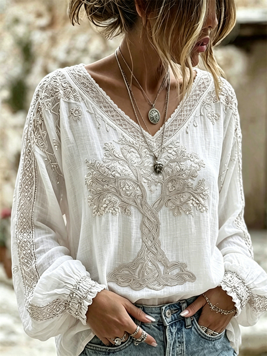 Chemise en coton-lin chic Viking Tree of Life Celtic Knot Print pour femme