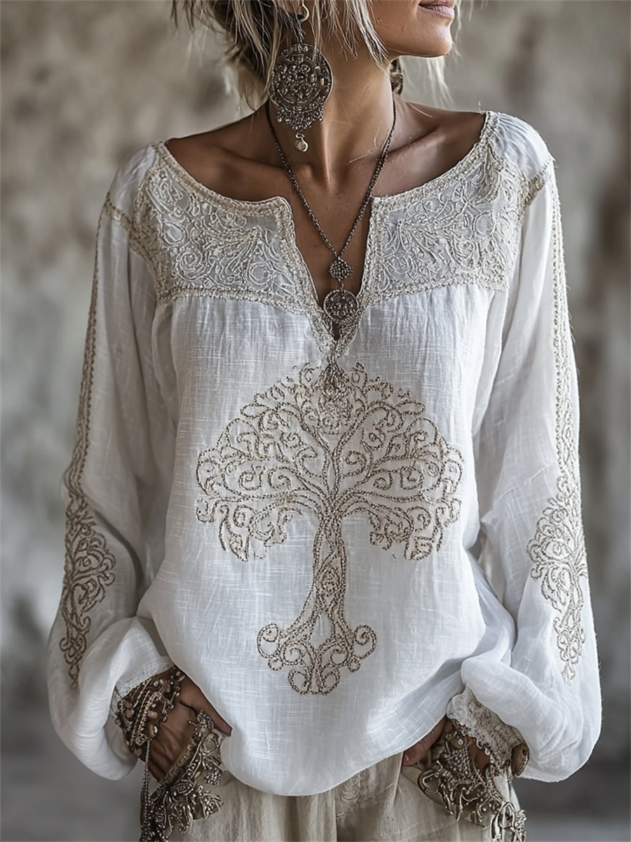 Chemise Femme Vintage Arbre de Vie Imprimé Col Cranté Coton-Lin