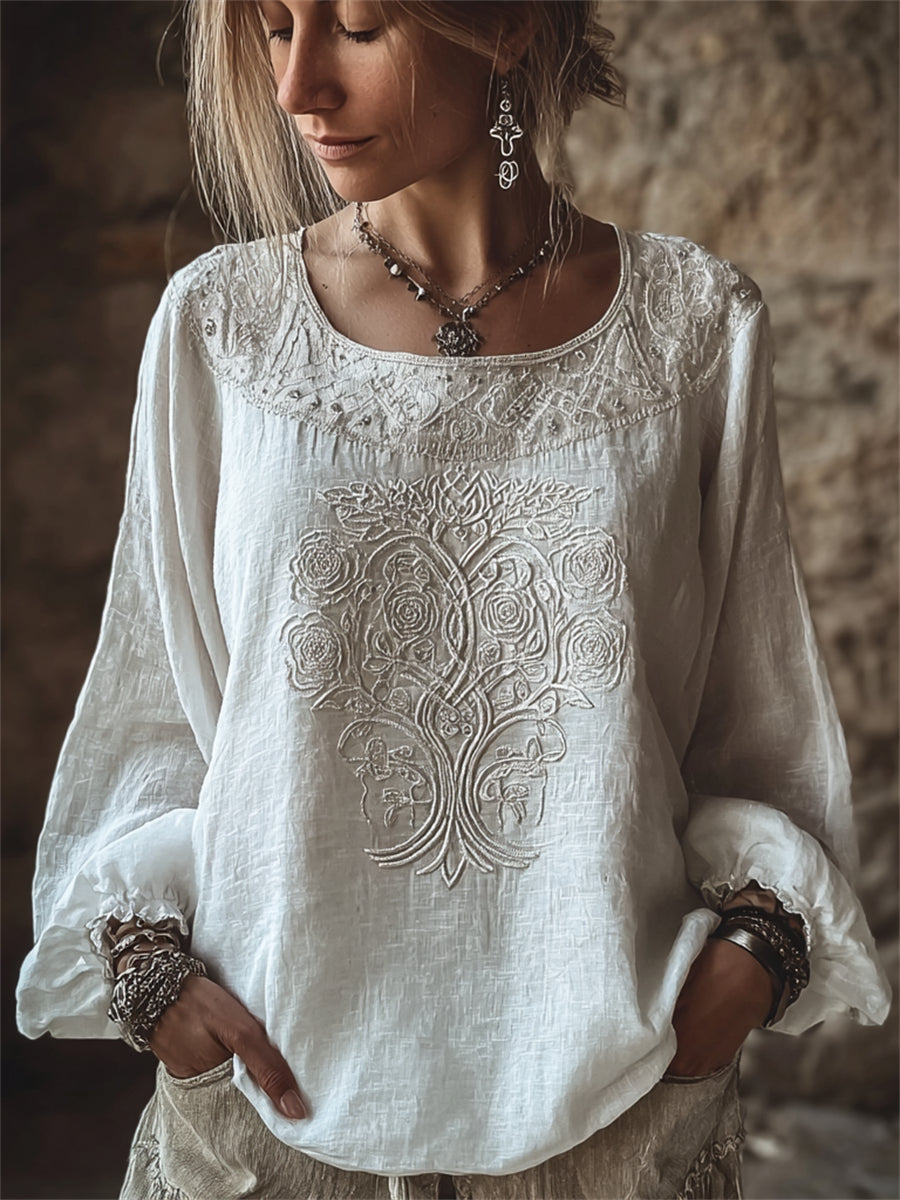 Chemise Femme Classy White Roses Viking Arbre de Vie Imprimé Coton-Lin