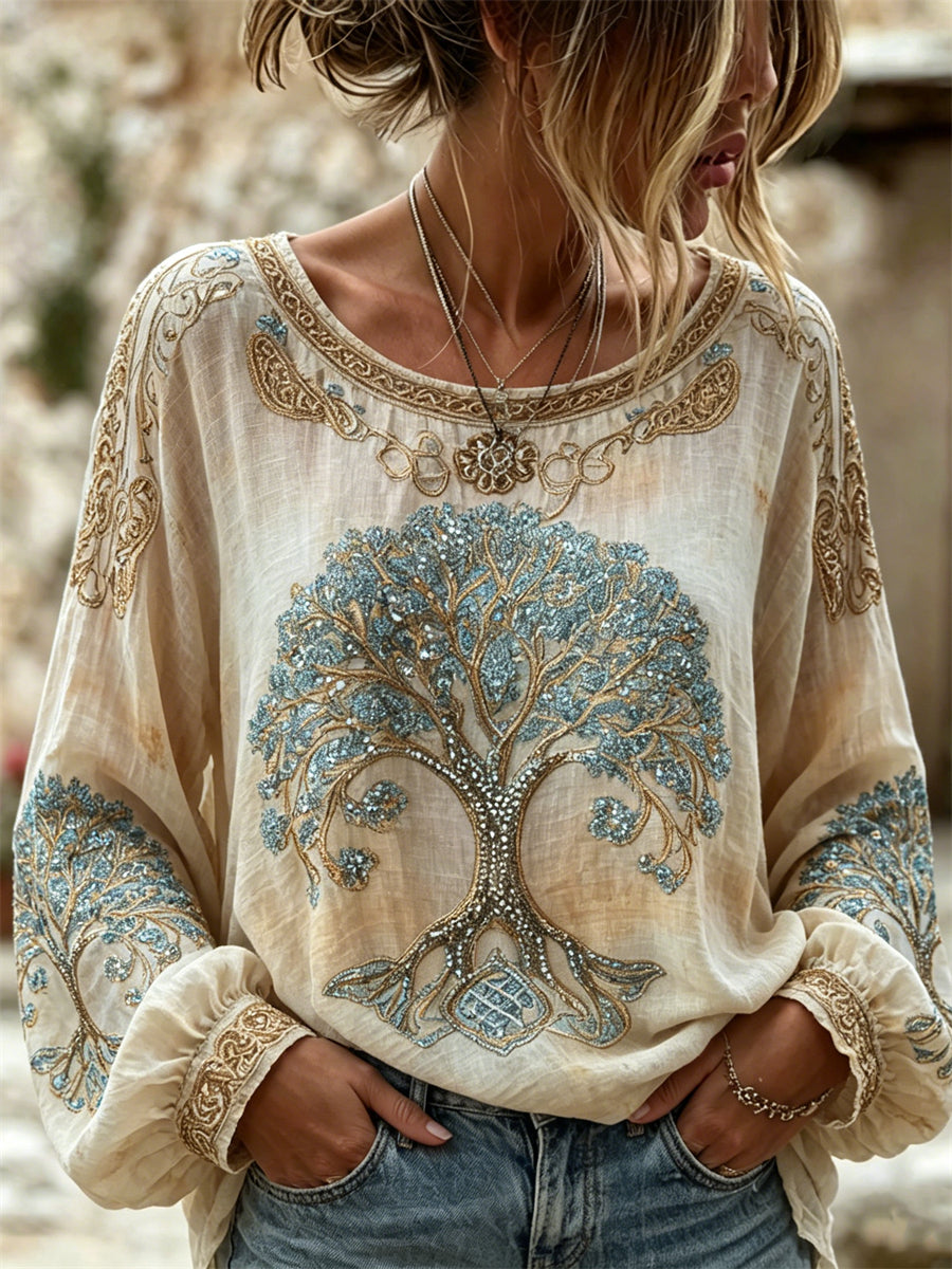 Chemise en coton et lin à imprimé celtique Vintage Viking Tree of Life