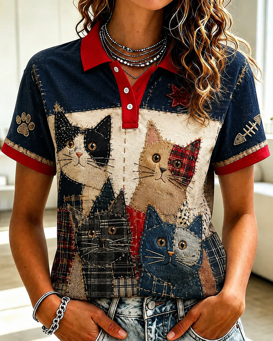 Chemise imprimée pour femmes, motifs amoureux des chats
