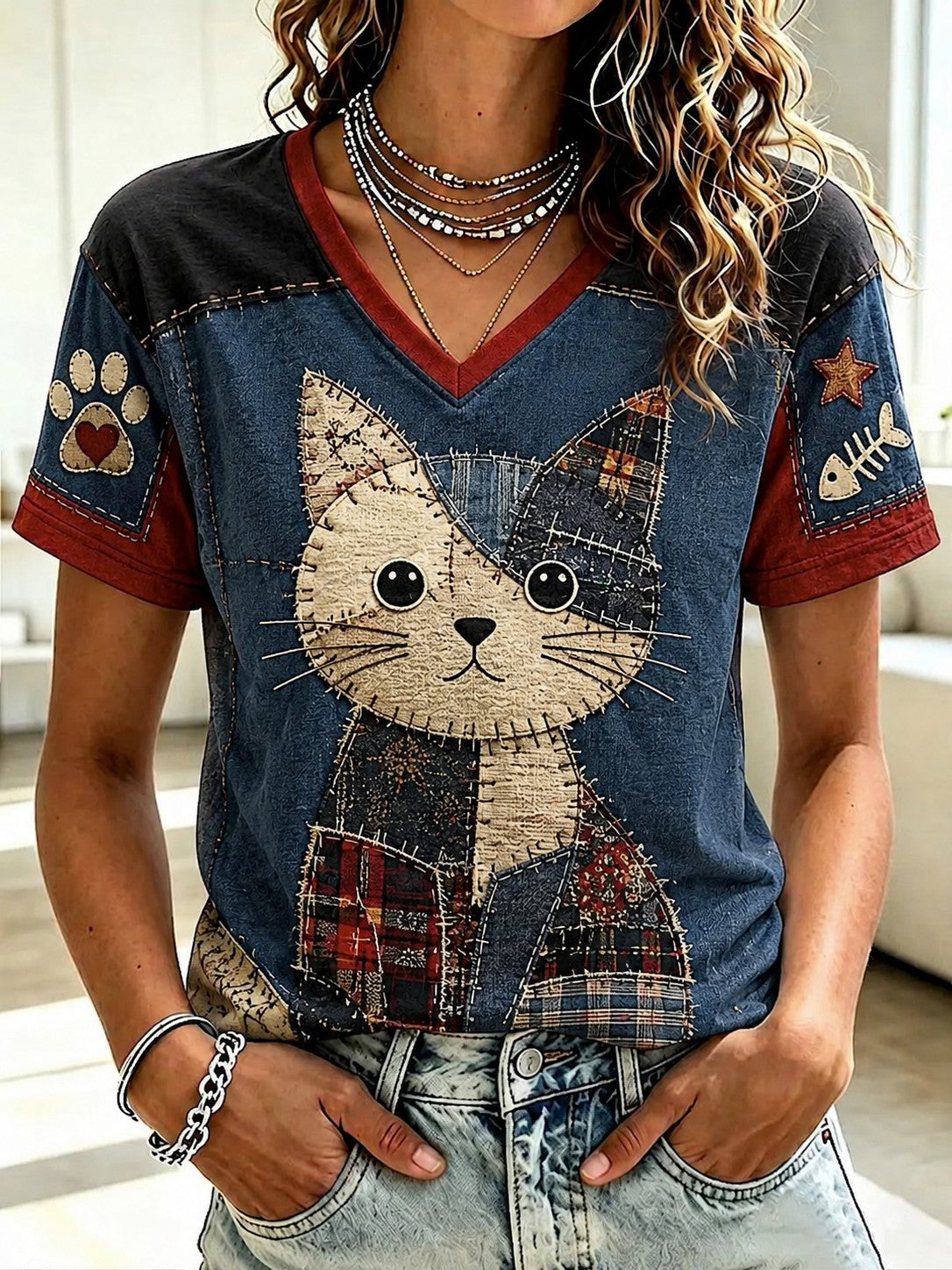 T-shirt à col en V imprimé pour femmes, motifs amoureux des chats
