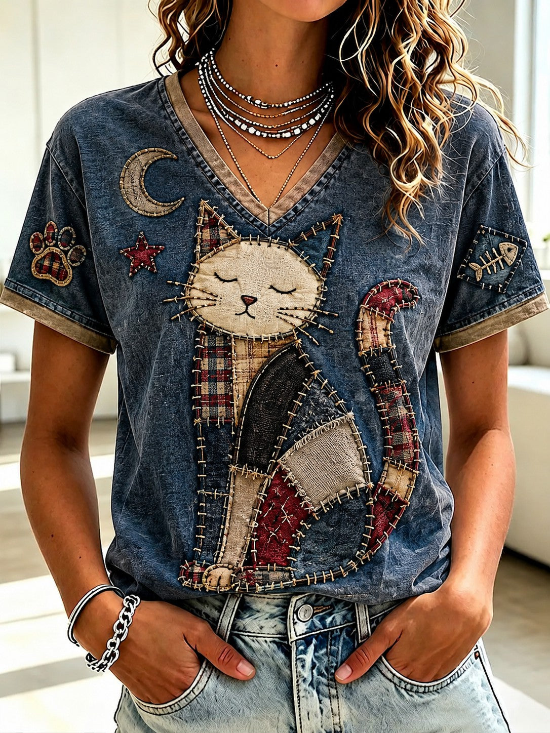 T-shirt à col en V imprimé pour femmes, motifs amoureux des chats