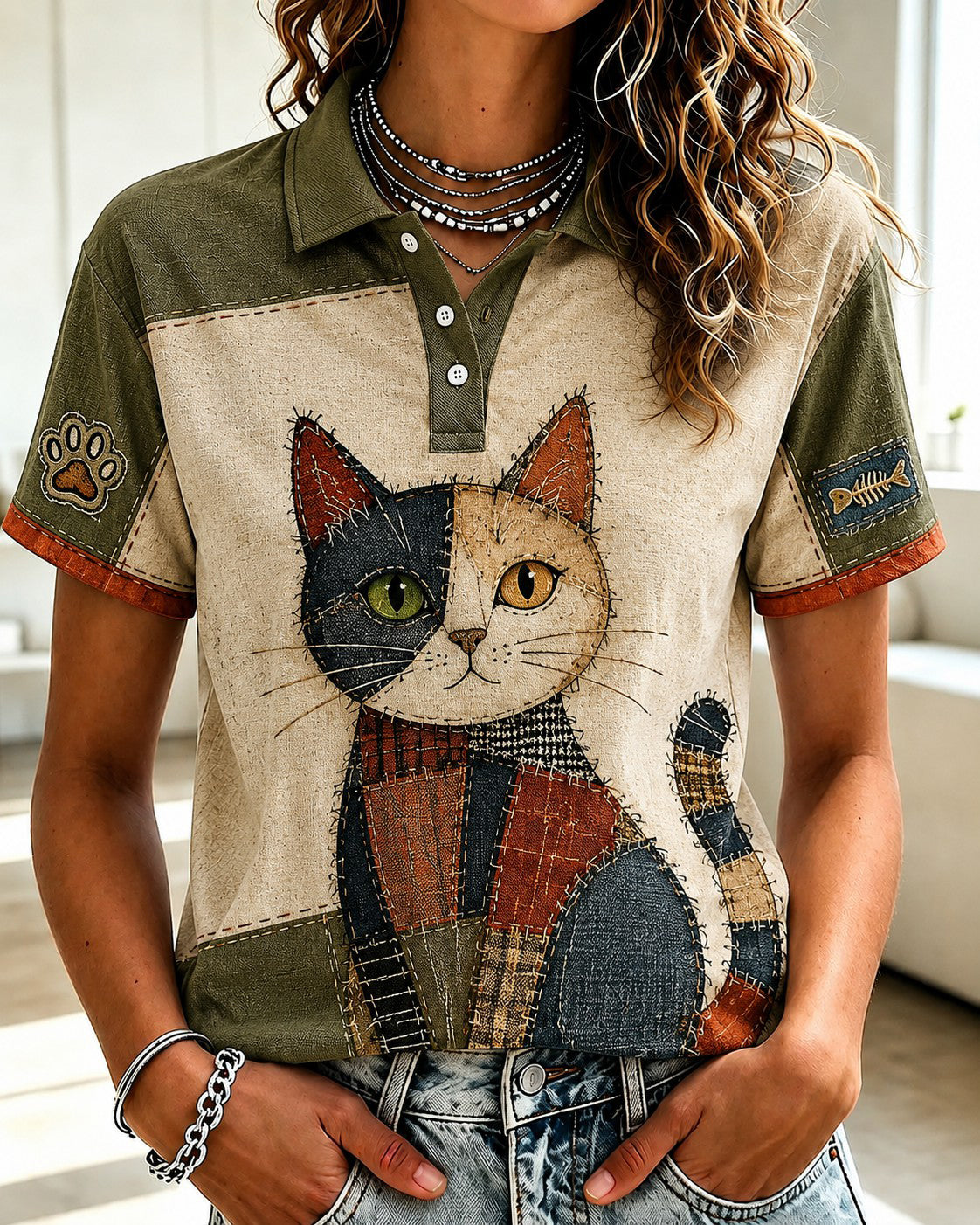 Chemise imprimée pour femmes, motifs amoureux des chats