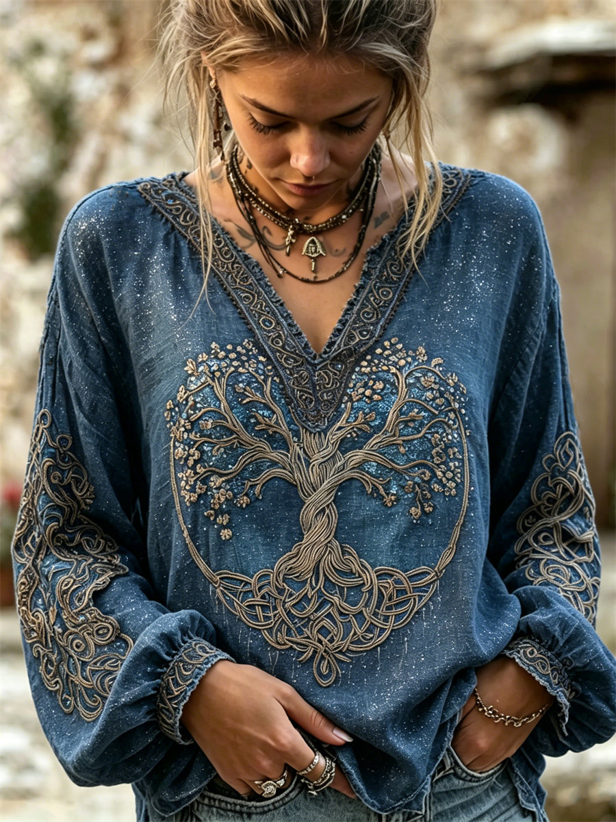 Chemise femme élégante en coton-lin, motif celte scintillant de l’arbre de vie viking