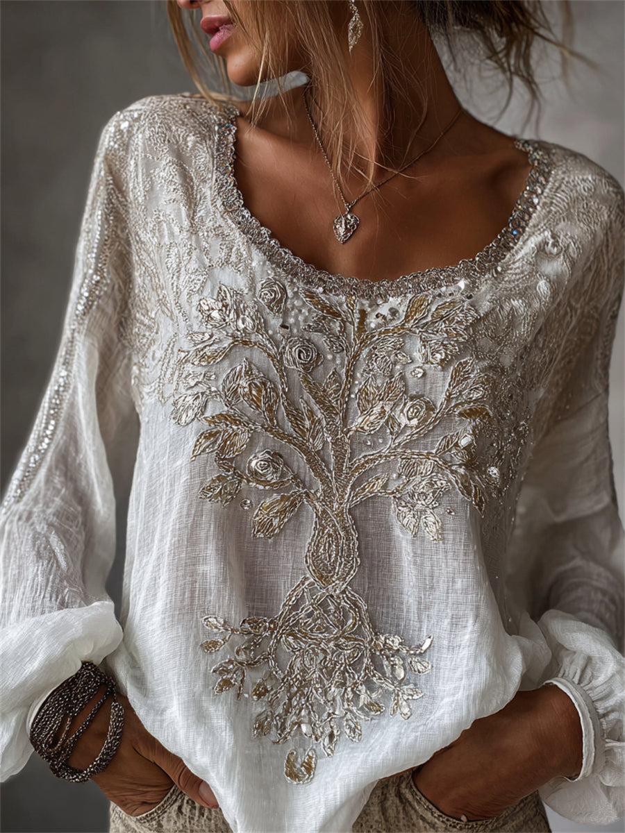 Chemise vintage pour femme style viking, motif floral à paillettes, en coton et lin, représentant l’arbre de vie
