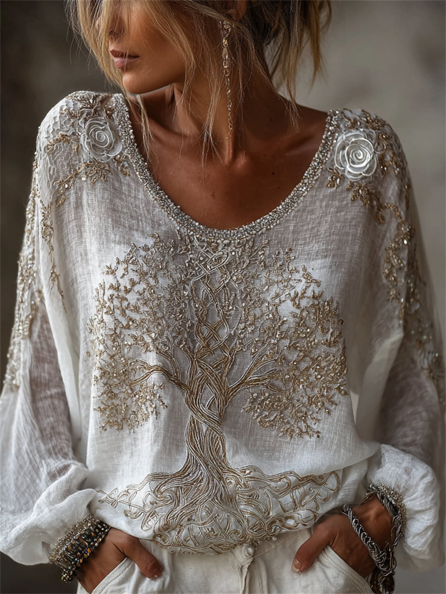 Chemise femme élégante en coton-lin, imprimé arbre de vie celte viking et roses blanches