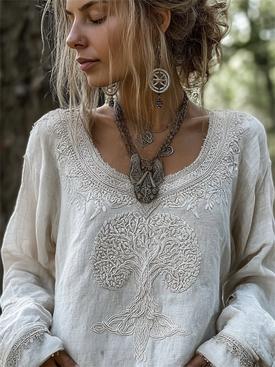 Vintage Viking arbre de vie celtique Art Print coton-lin chemise des femmes