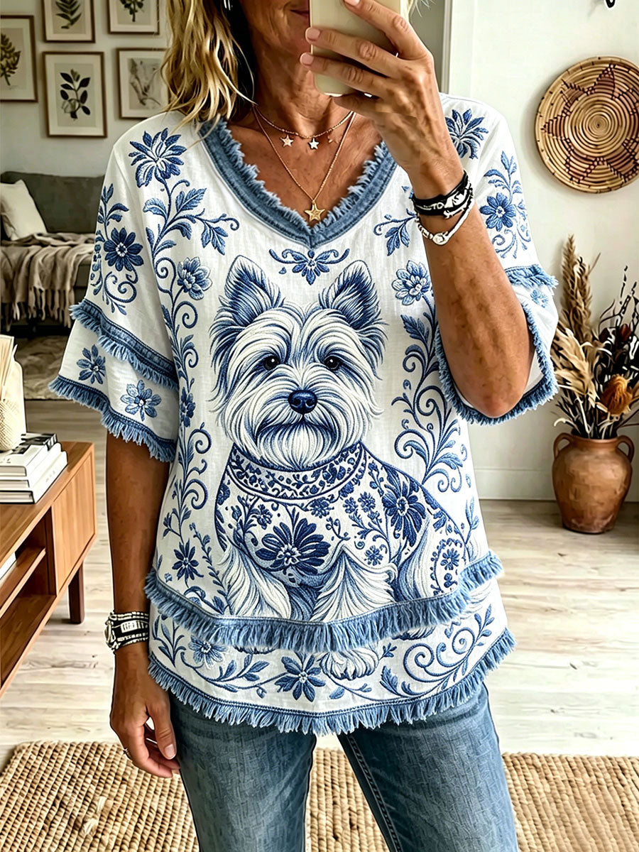 Tops à col en V à fleurs pour femmes