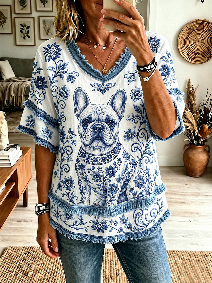 Hauts à col en V à fleurs French Bulldog pour femmes