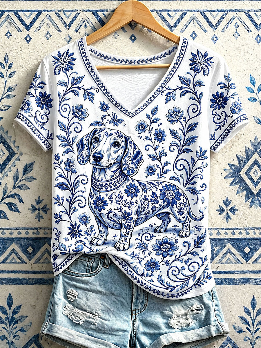 Femme Saucisse Chien Floral V-Neck T-Shirts