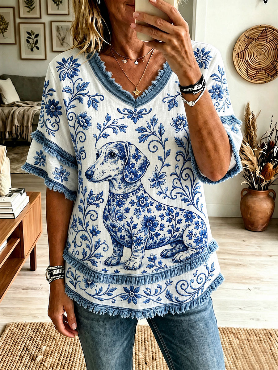 Dachshund Floral V-Neck Tops Femme