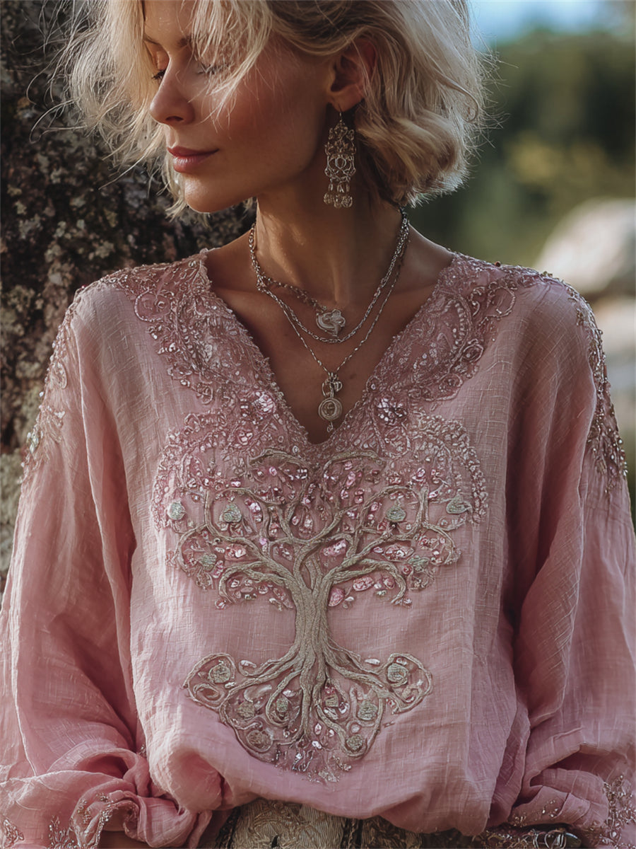 Chemise en coton et lin à imprimé celtique Viking Arbre de vie vintage chic pour femme