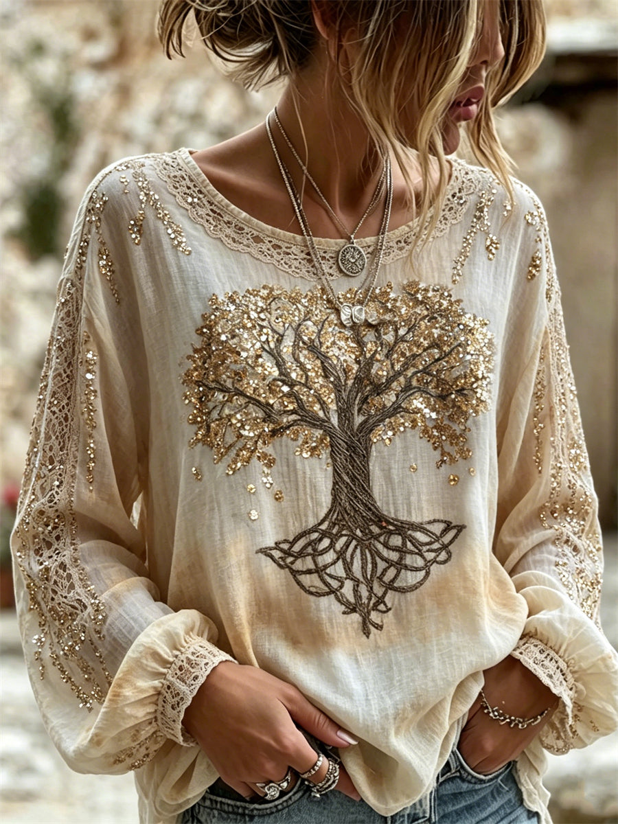 Chemise Femme Élégante Paillettes Arbre de Vie Viking Imprimé Teinte en Coton-Lin