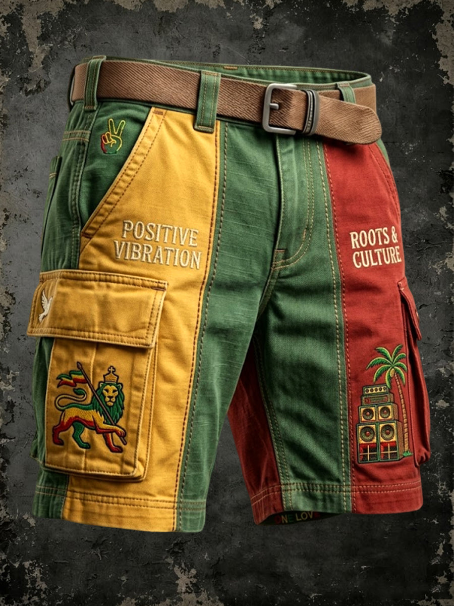 Shorts de travail décontractés rétro reggae patchwork pour hommes