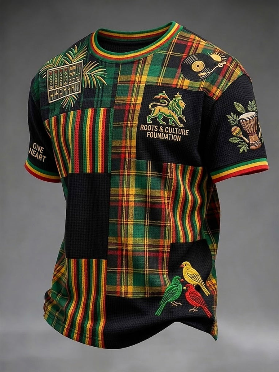 T-shirt décontracté gaufré à carreaux rétro inspiré du reggae