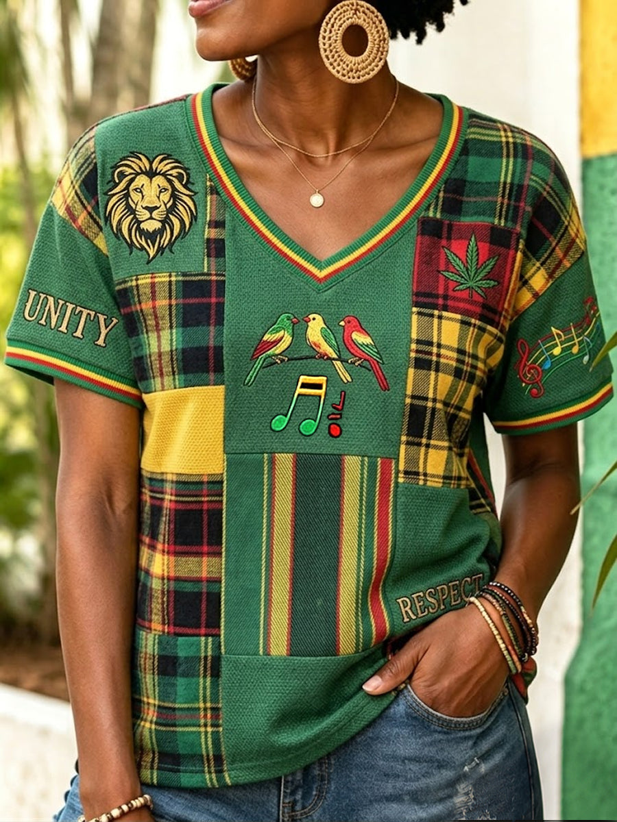 T-shirt décontracté à col en V rétro patchwork à imprimé reggae pour femme