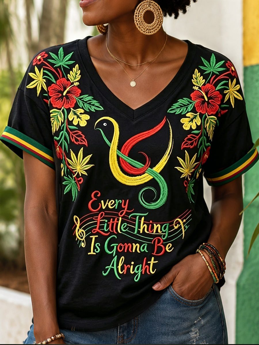 T-shirt décontracté à col en V «Every Little Thing Is Gonna Be Alright» pour femme