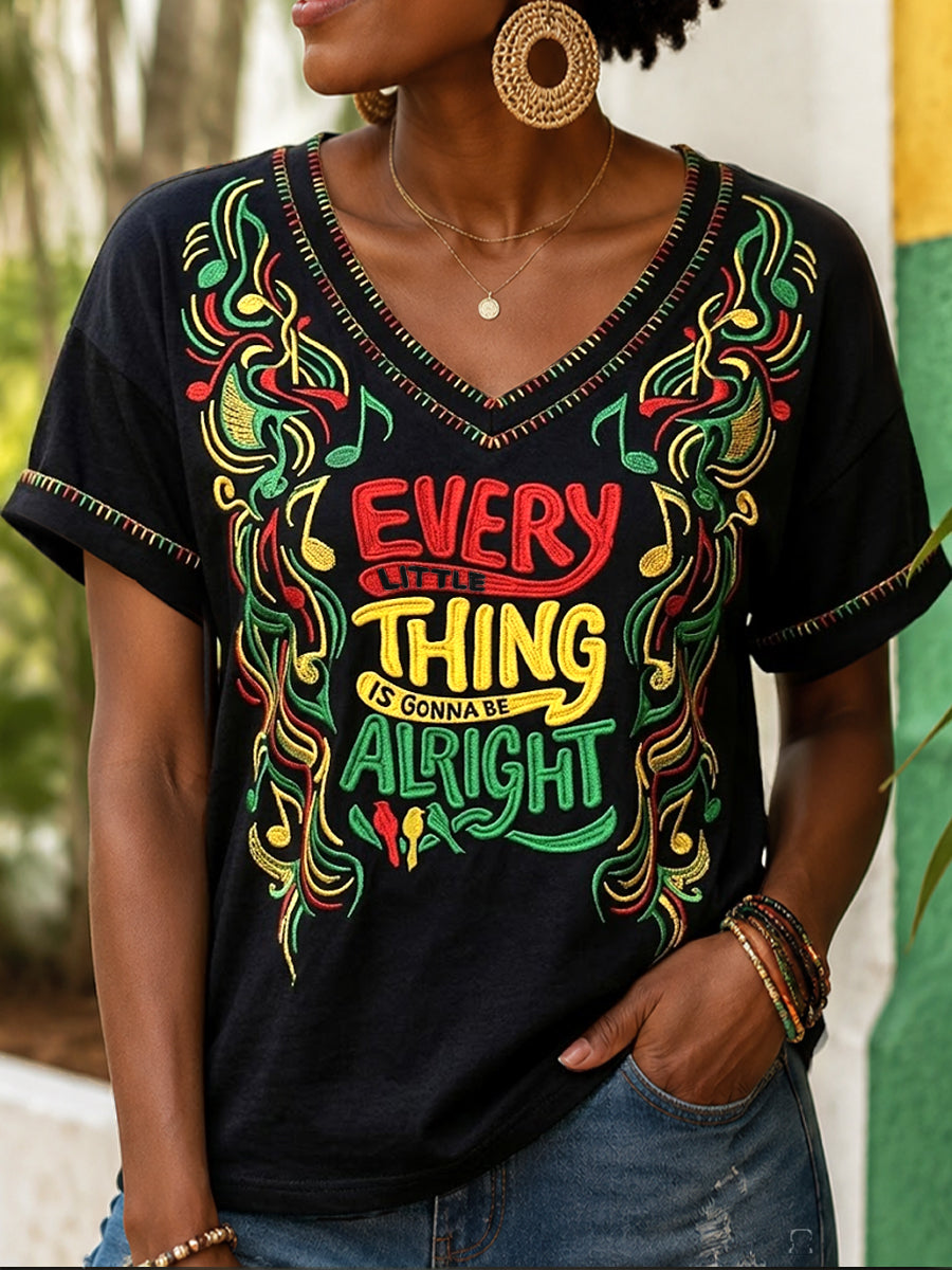 Rétro Every Little Thing Is Gonna Be Alright T-shirt décontracté à col en V pour femmes