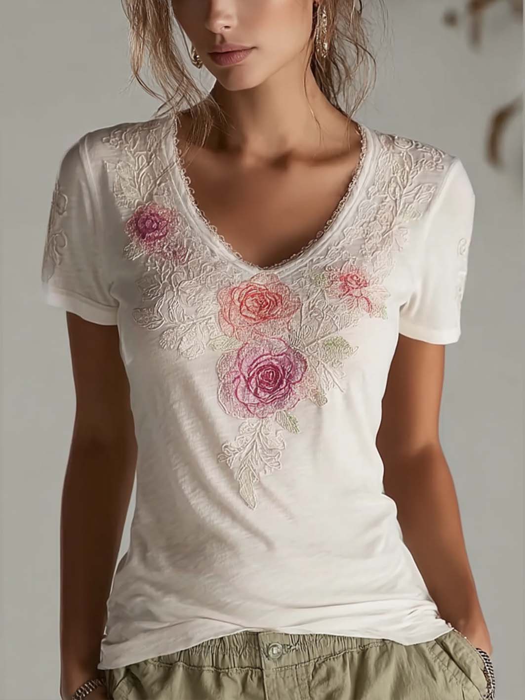 T-shirt décontracté à manches courtes imprimé floral pour femme