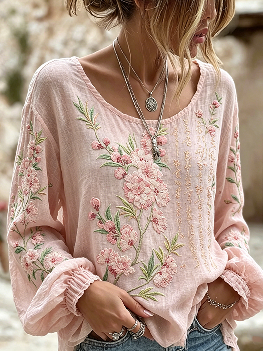 Chemise Décontractée Femme Motif Floral Brodé Imprimé Coton-Lin