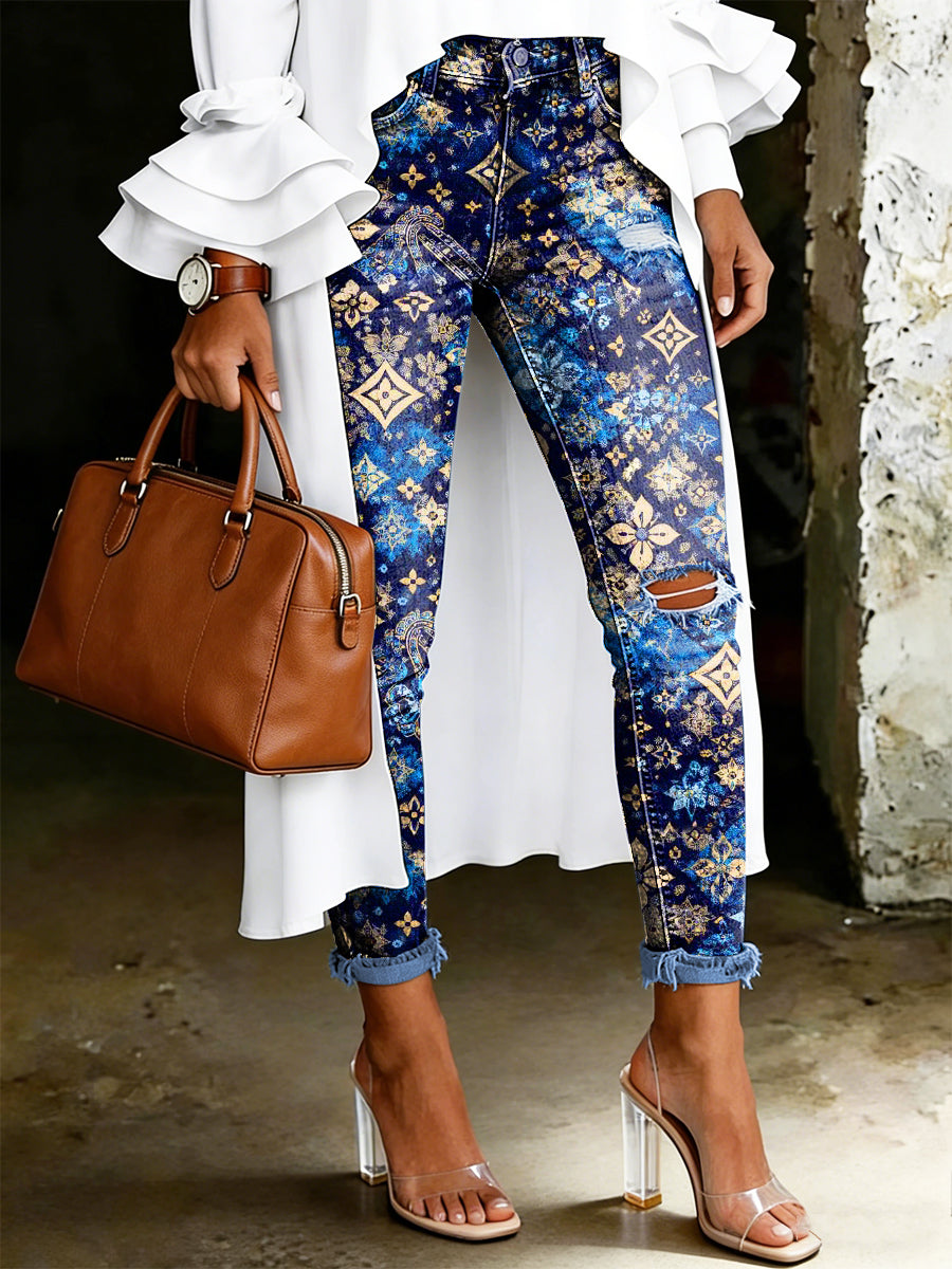 Jean pour femme à imprimé floral artistique