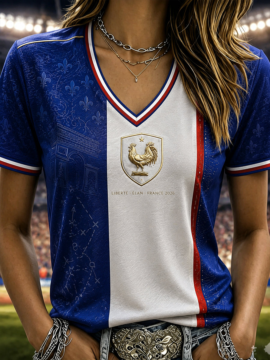T-shirt décontracté à col en V pour femme, imprimé France Football