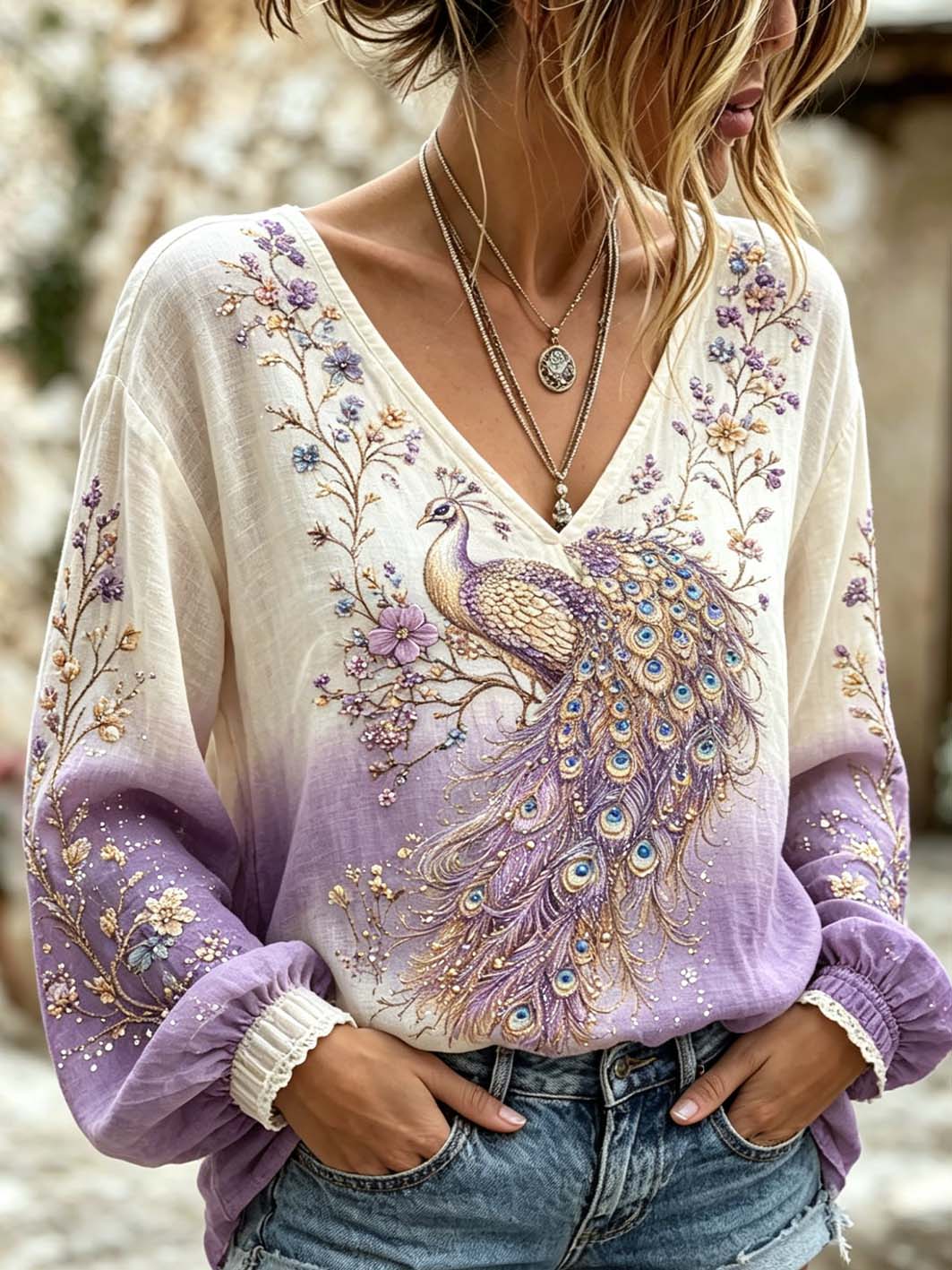 Chemise en lin pour femme à imprimé motifs animaux, plantes et fleurs