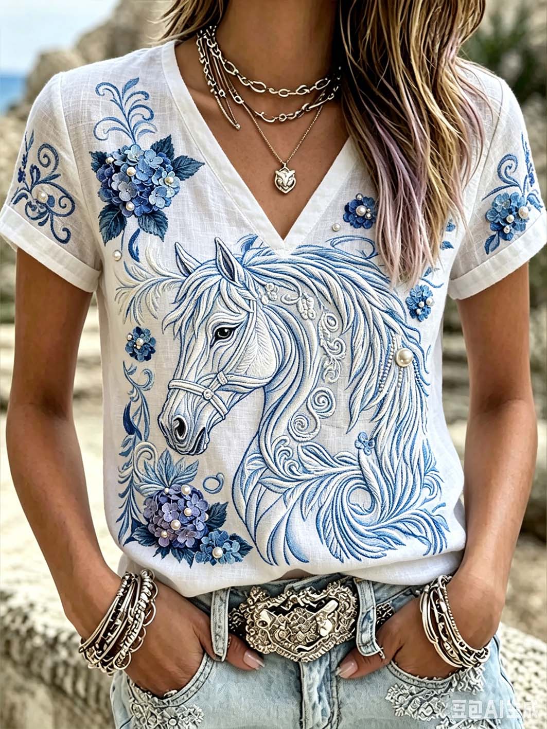 Animal et motif de fleurs de plantes des femmes imprimé lin à manches courtes T-shirt