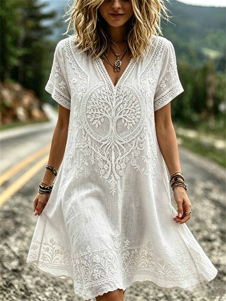 Femme Viking Tree of Life Classy Floral Print Flowy Mini Robe