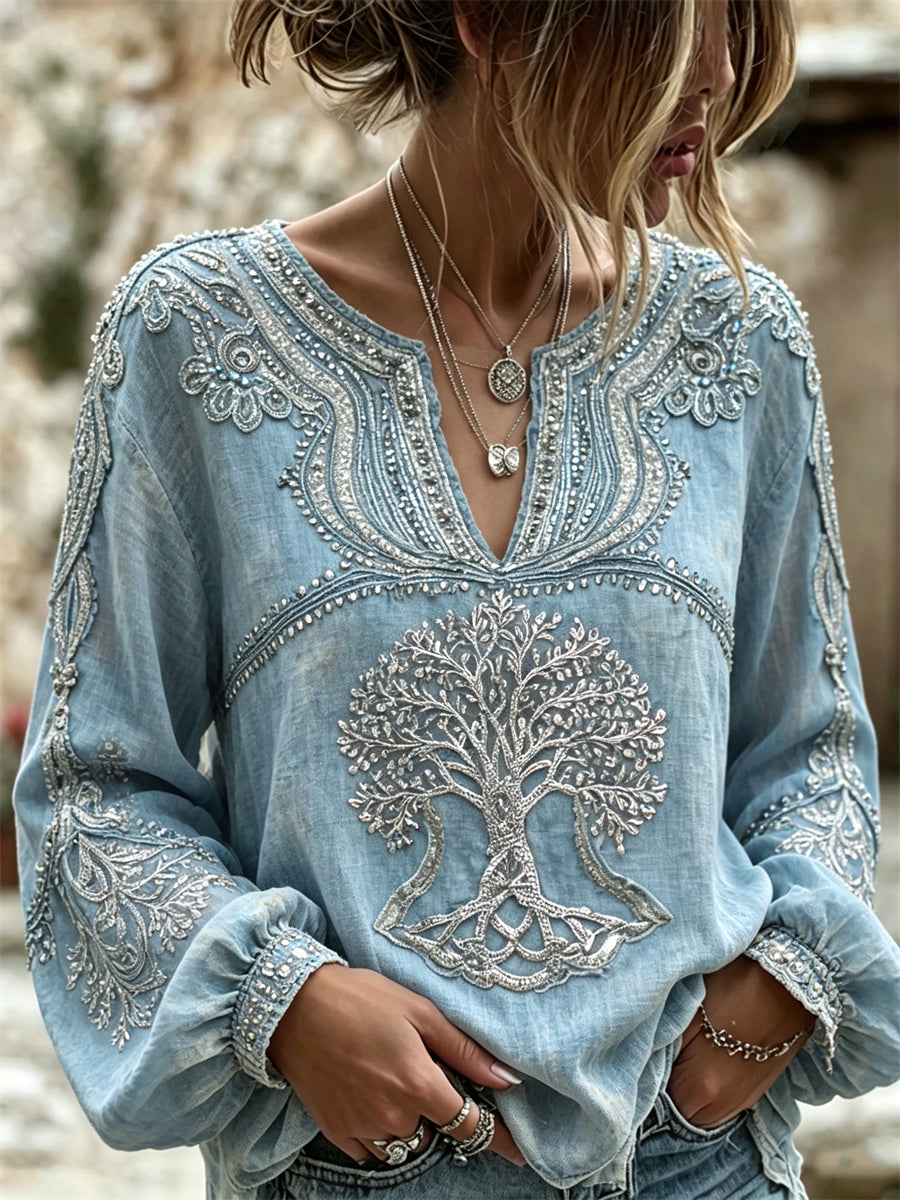 Chemise Femme Classy Viking Tree of Life Glitter Print Coton-Lin