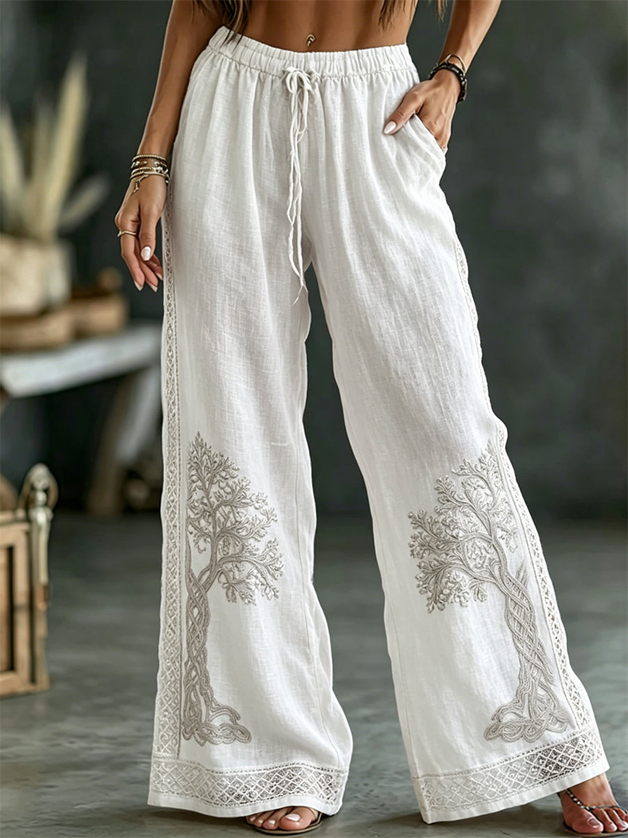 Pantalon élégant en lin Flowy à imprimé celtique Viking Tree of Life pour femme