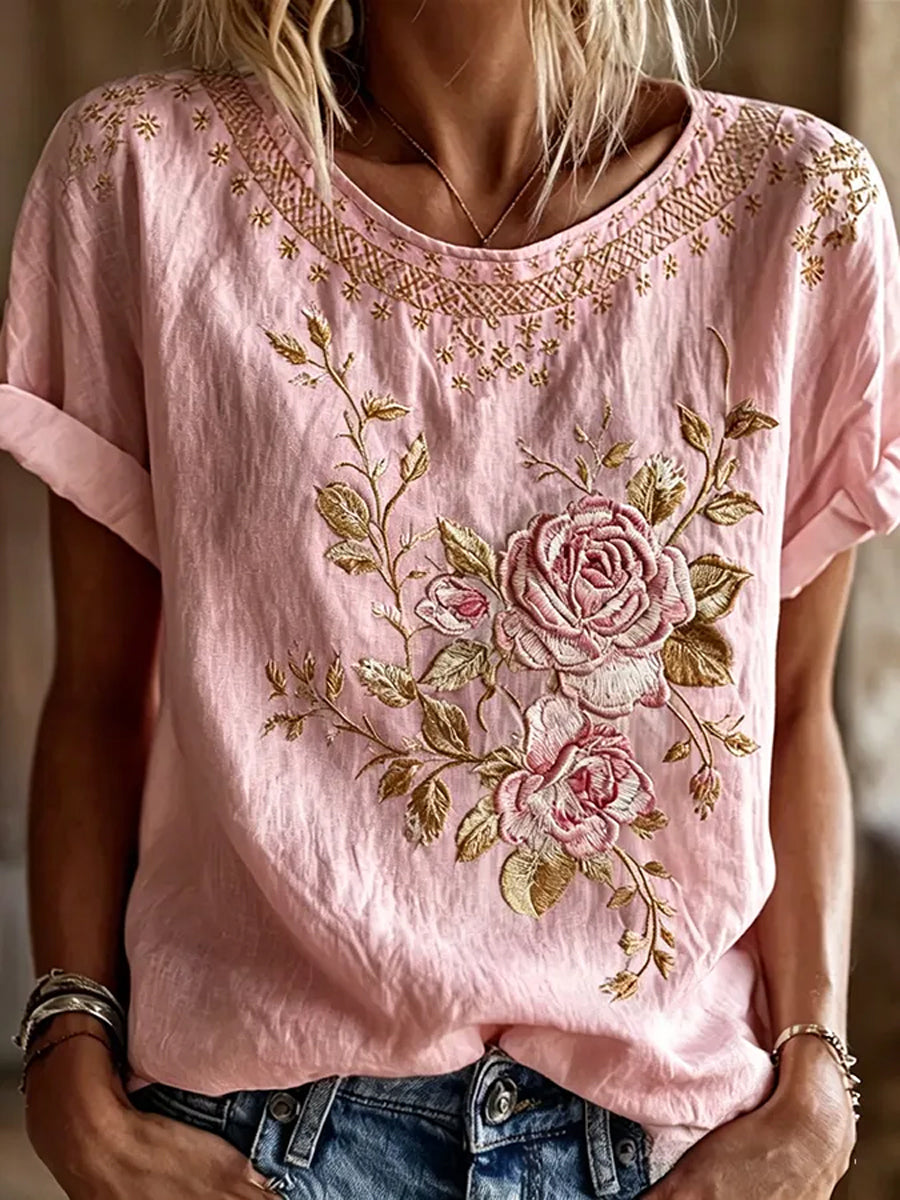 T-shirt décontracté imprimé fleurs roses cancer du sein pour femmes