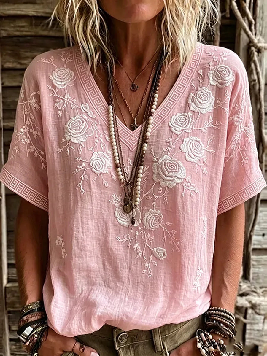 T-shirt décontracté à col en V pour femmes, imprimé de fleurs roses, contre le cancer du sein