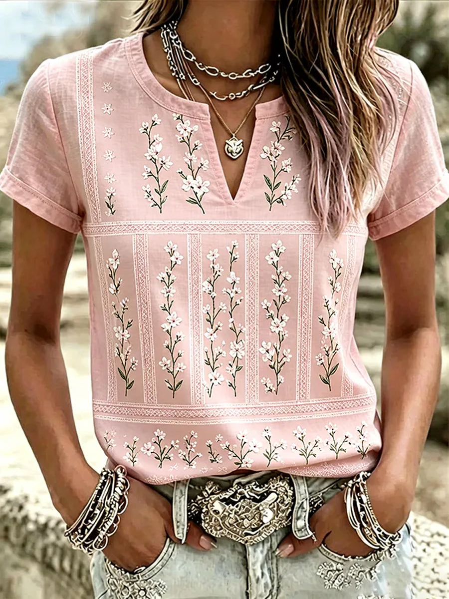 T-shirt décontracté à col en V pour femmes, imprimé de fleurs roses, contre le cancer du sein